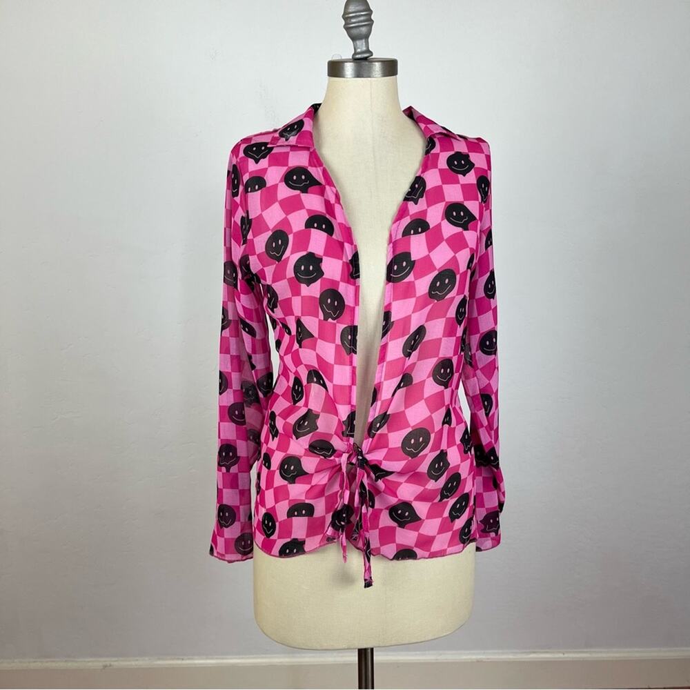 Standard Issue Smiley Face Semi Sheer Tie Front Top